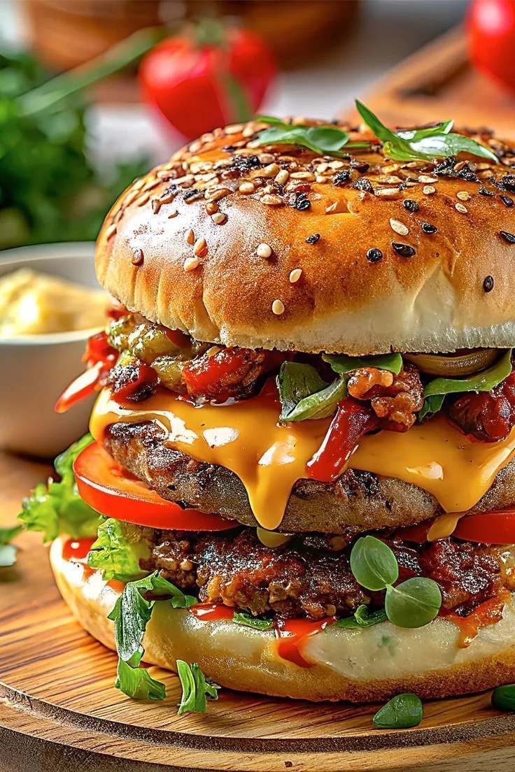 Hambúrguer com duas carnes e queijo derretido escorrendo