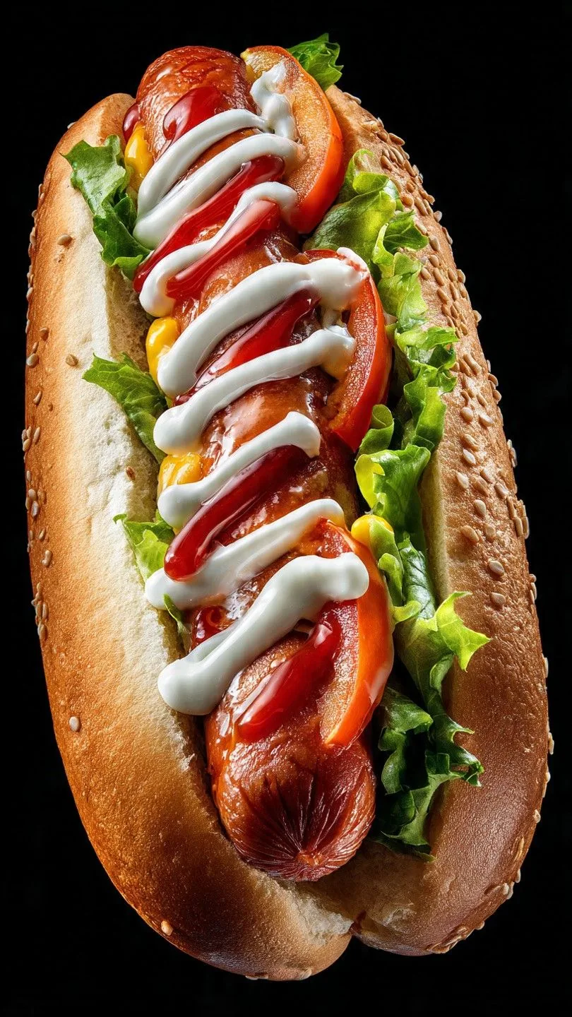 Cachorro-quente com salsicha, maionese, ketchup, milho e alface
